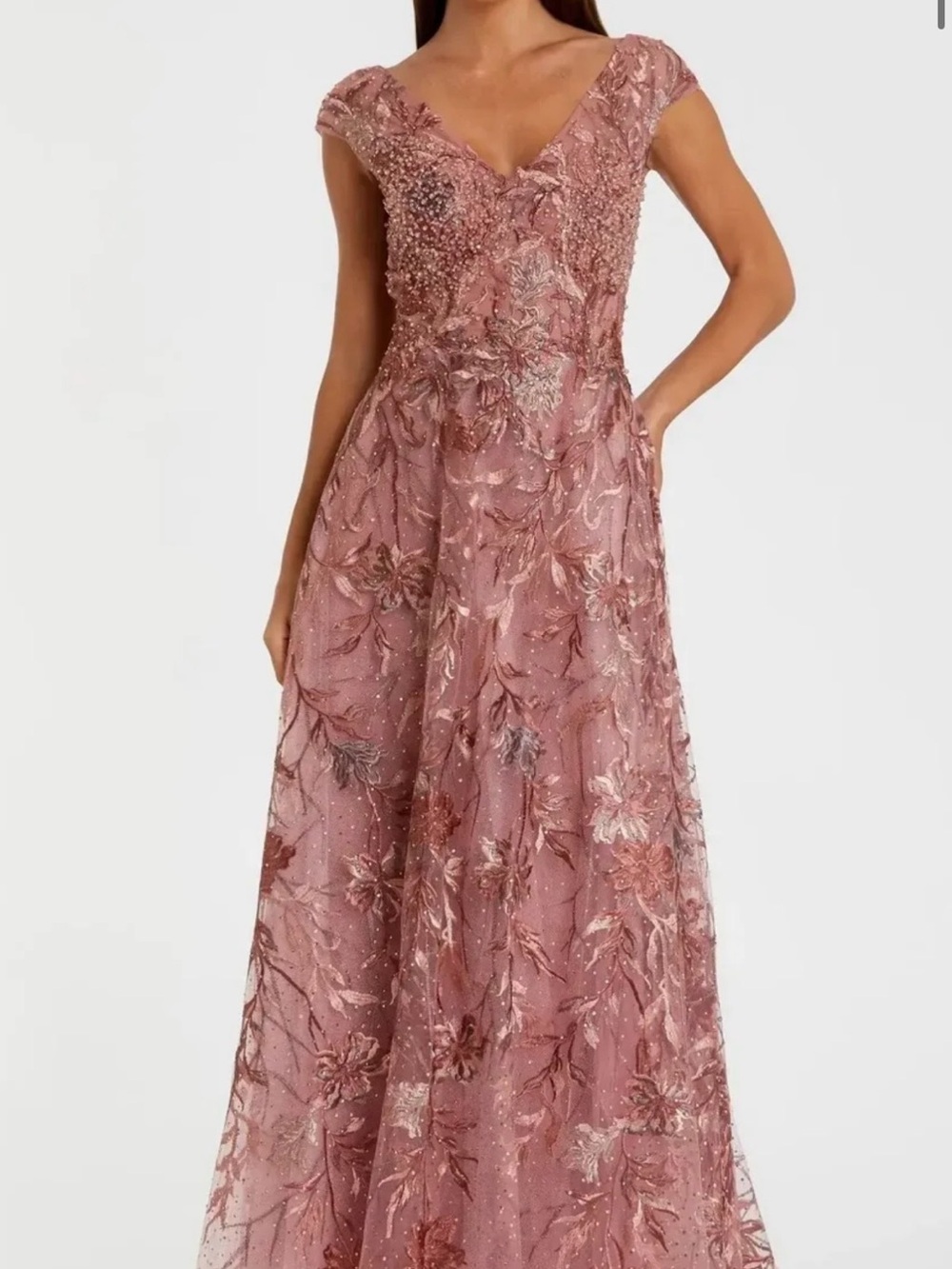 Mac Duggal Pink Embroidered Illusion Cap Sleeve A Line Gown